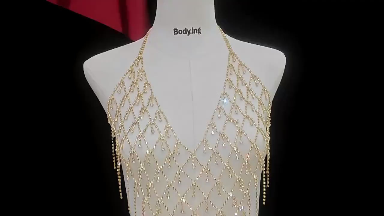 Rhinestone Tassel Bra Body Chain | Crystal Mesh Fringe Chest Jewelry