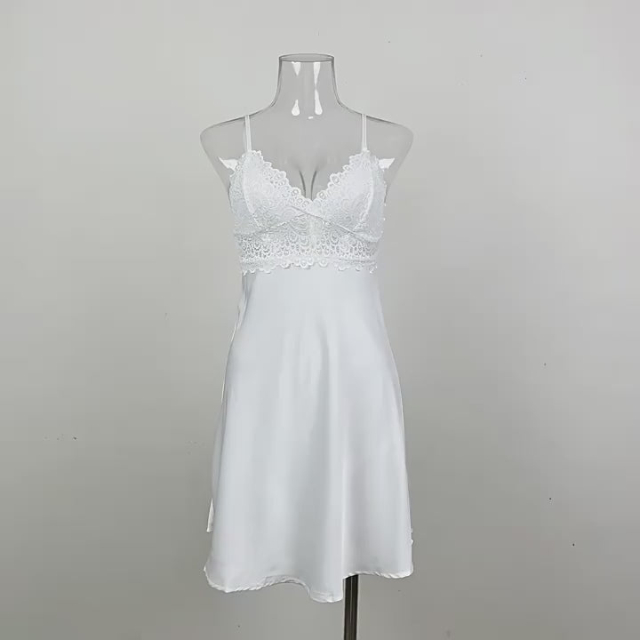 Satin Lace Slip Dress | Deep V-Neck Floral Lace Cami Nightgown | Sleepwear
