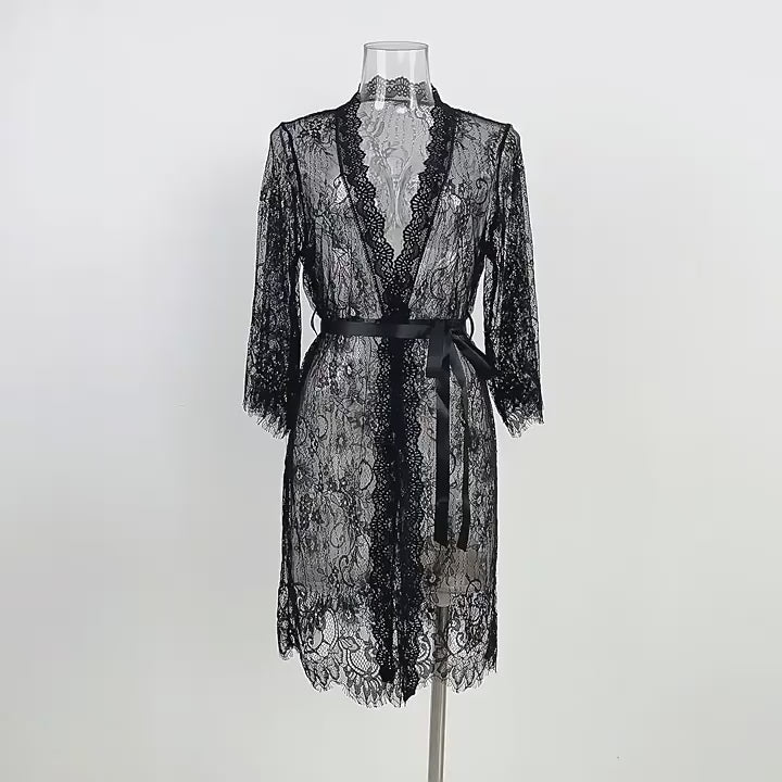 Sheer Mesh Lace Kimono Night Gown