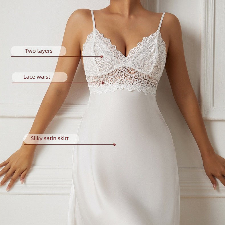 Satin Lace Slip Dress | Deep V-Neck Floral Lace Cami Nightgown | Sleepwear