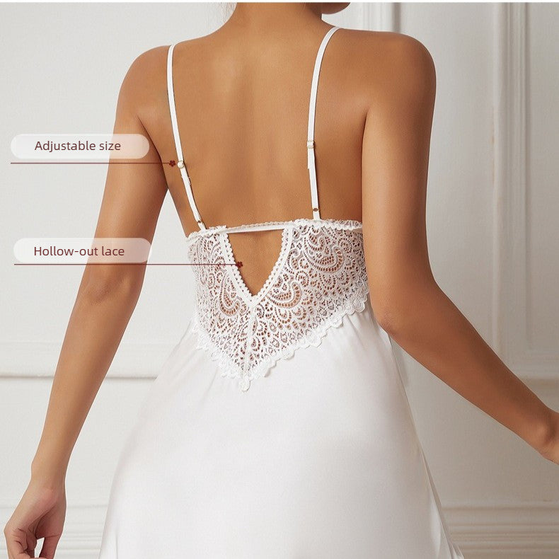 Satin Lace Slip Dress | Deep V-Neck Floral Lace Cami Nightgown | Sleepwear