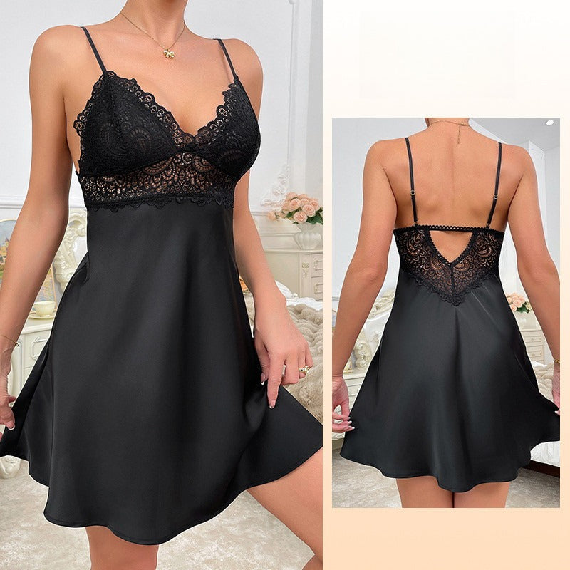 Satin Lace Slip Dress | Deep V-Neck Floral Lace Cami Nightgown | Sleepwear